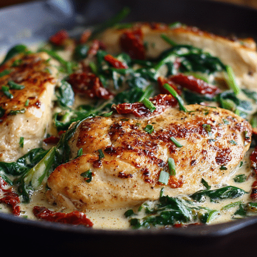 Creamy Easy Chicken Dinner Recipe with Spinach and Sun-Dried Tomatoes