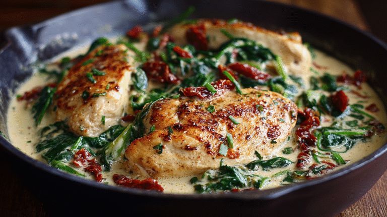 Creamy Easy Chicken Dinner Recipe with Spinach and Sun-Dried Tomatoes