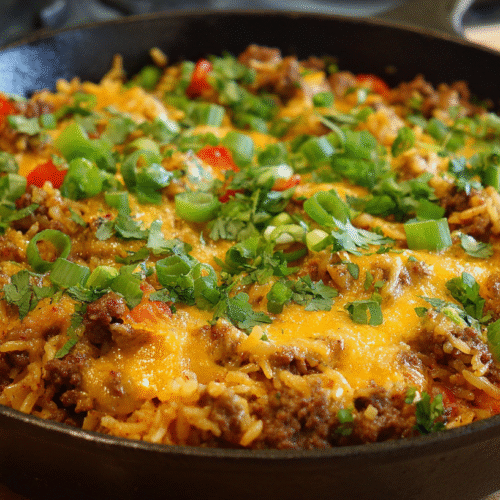 Cheesy Ground Beef and Rice Skillet