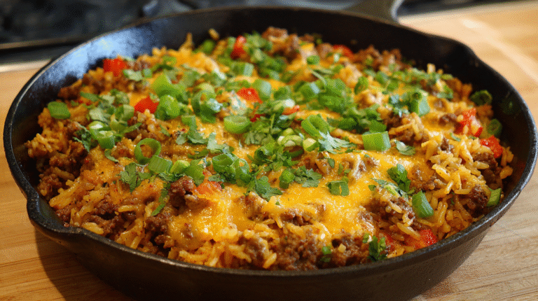 Cheesy Ground Beef and Rice Skillet