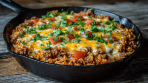 Cheesy Ground Beef and Rice Skillet