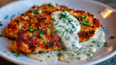 Parmesan Crusted Chicken with Creamy Garlic Sauce