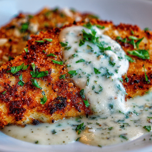 Parmesan Crusted Chicken with Creamy Garlic Sauce