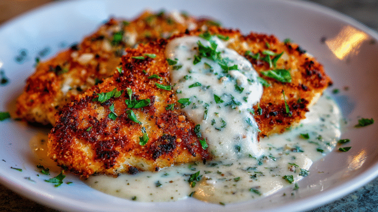 Parmesan Crusted Chicken with Creamy Garlic Sauce